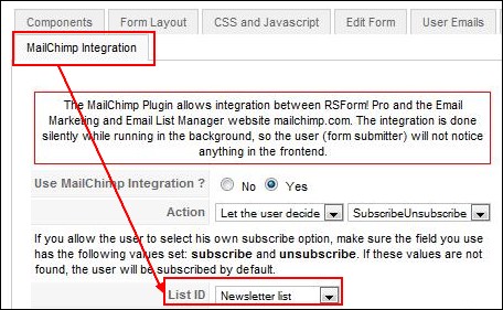 RSForm!Pro Mailchimp integration tab